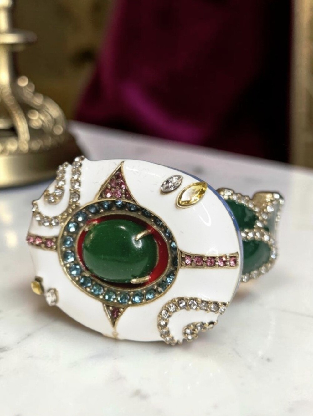 18k Matte Gold Plated Huge Ornate Enamel Emerald Cabochon Crystal Statement Ring